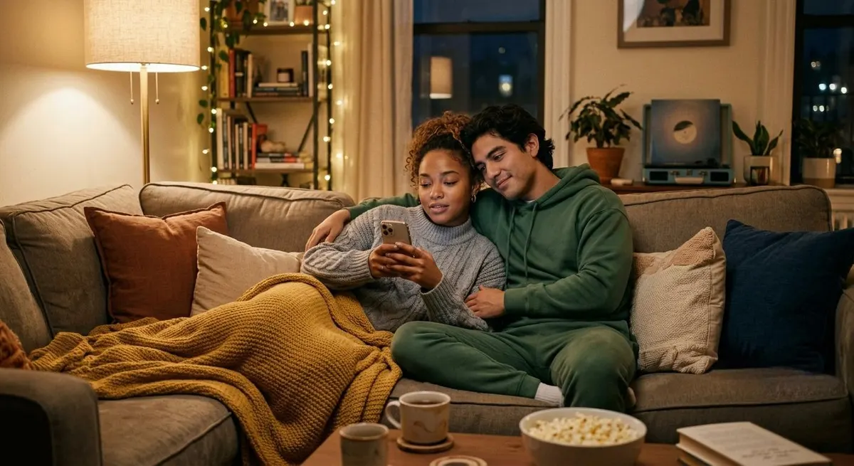 Pareja en casa explorando la app de un negocio en el teléfono