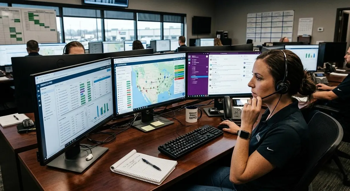 Dispatcher siguiendo envíos en tableros en vivo y un mapa de rutas