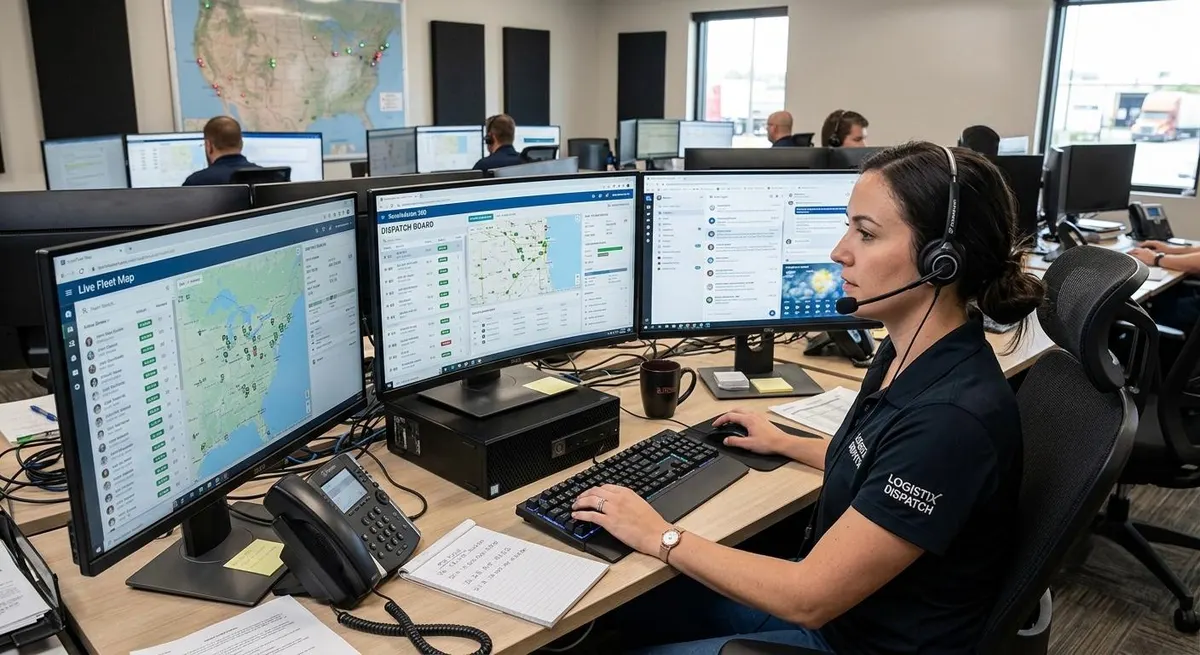 Sala de control de logística siguiendo envíos en un mapa nacional en tiempo real