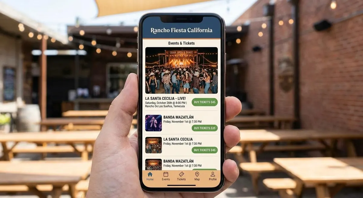 App de eventos y boletos en un teléfono, en el patio de un venue al aire libre