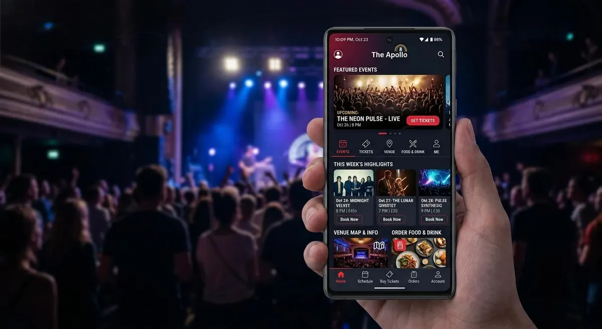 App de eventos de un venue de música en vivo, mostrada frente a un escenario iluminado