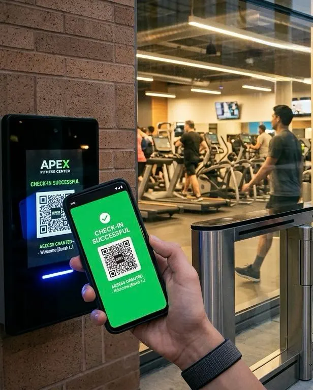 Socia de un centro fitness registrándose con un código QR en el teléfono