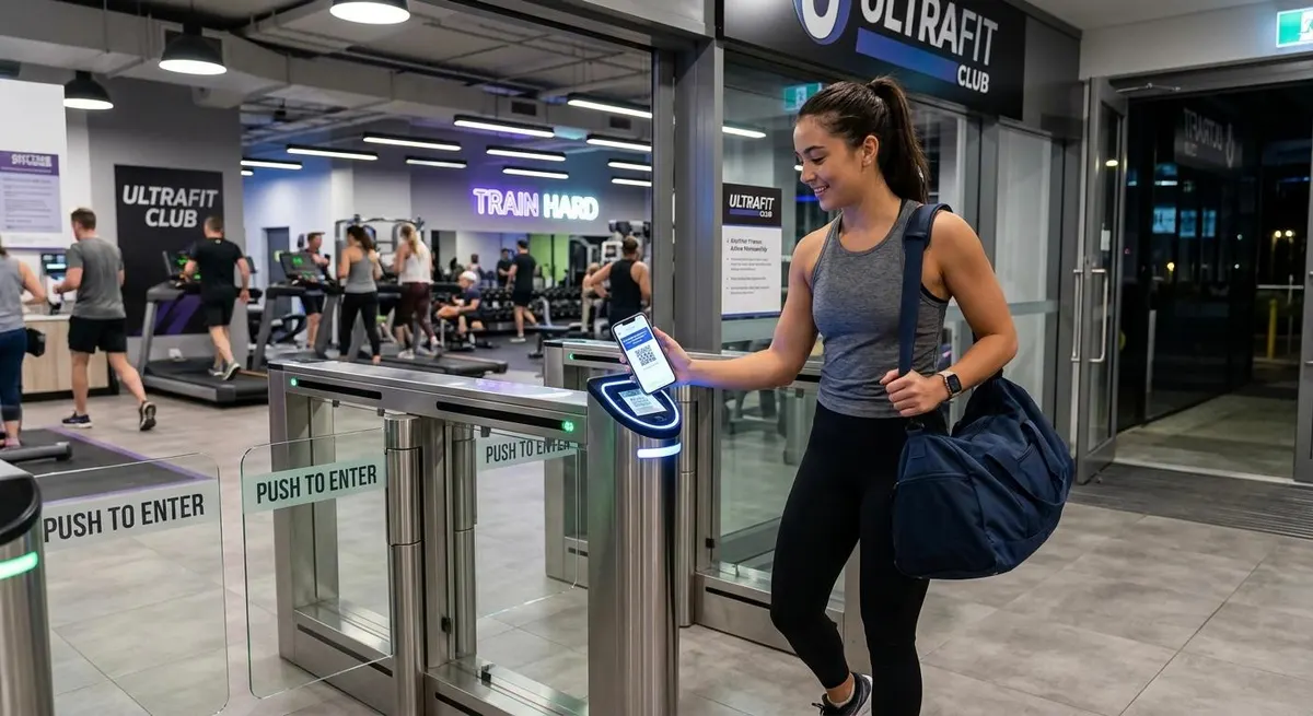 Socio de gimnasio entrando por el torniquete de acceso