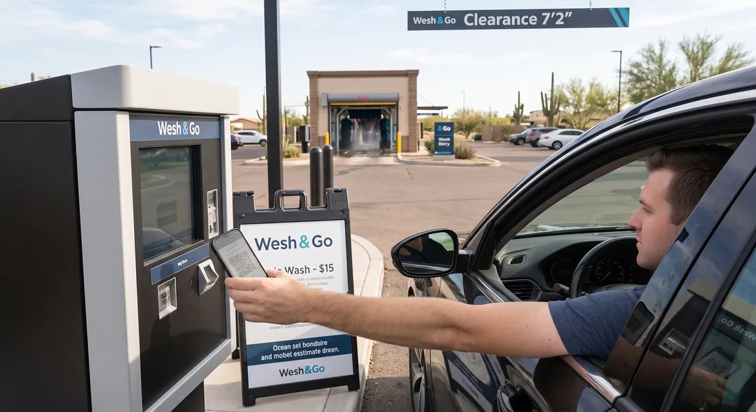 Conductor pagando en el kiosco de un car wash con un QR en su teléfono