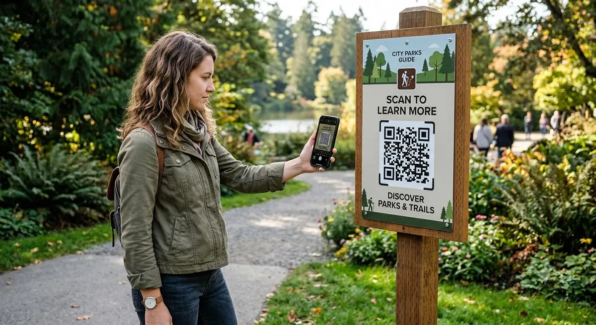 Visitante escaneando un QR en el letrero de un parque para abrir una guía móvil