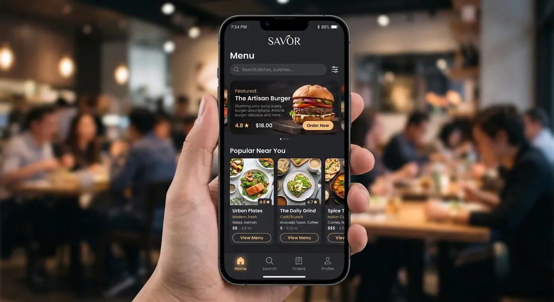 App de pedidos de restaurante en un teléfono, con menú y botón de Ordenar Ya