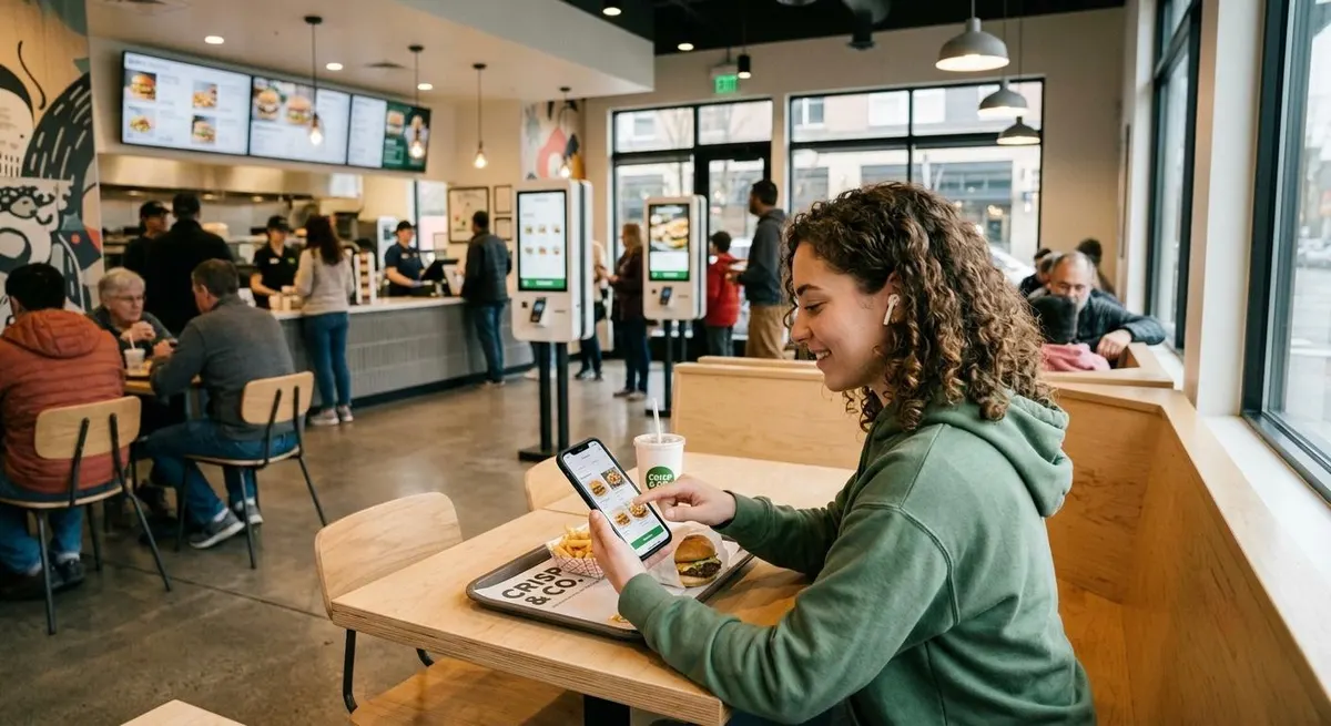 Cliente pidiendo en su teléfono en un restaurante de mostrador con menús digitales